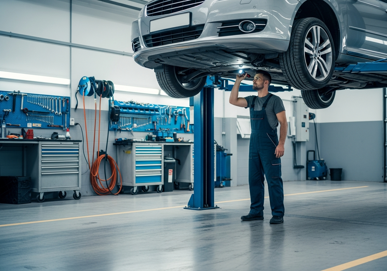 KFZ-Werkstatt mit Auto auf Hebebühne