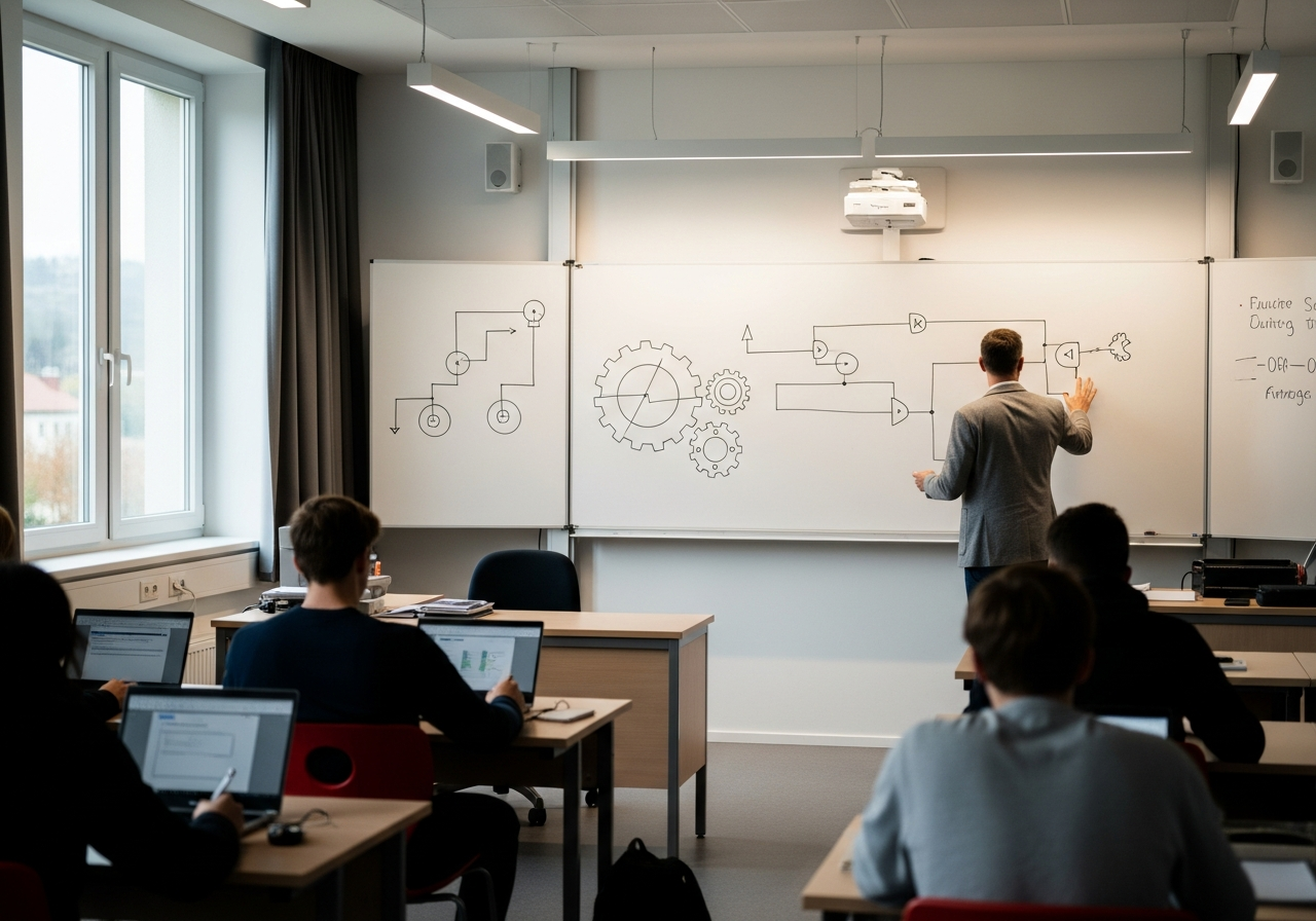 Modernes Klassenzimmer mit Whiteboard und Lehrkraft