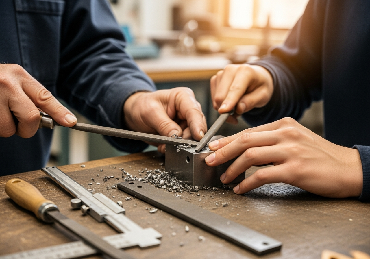 Werkstattmeister zeigt Lehrling die Feilenarbeit