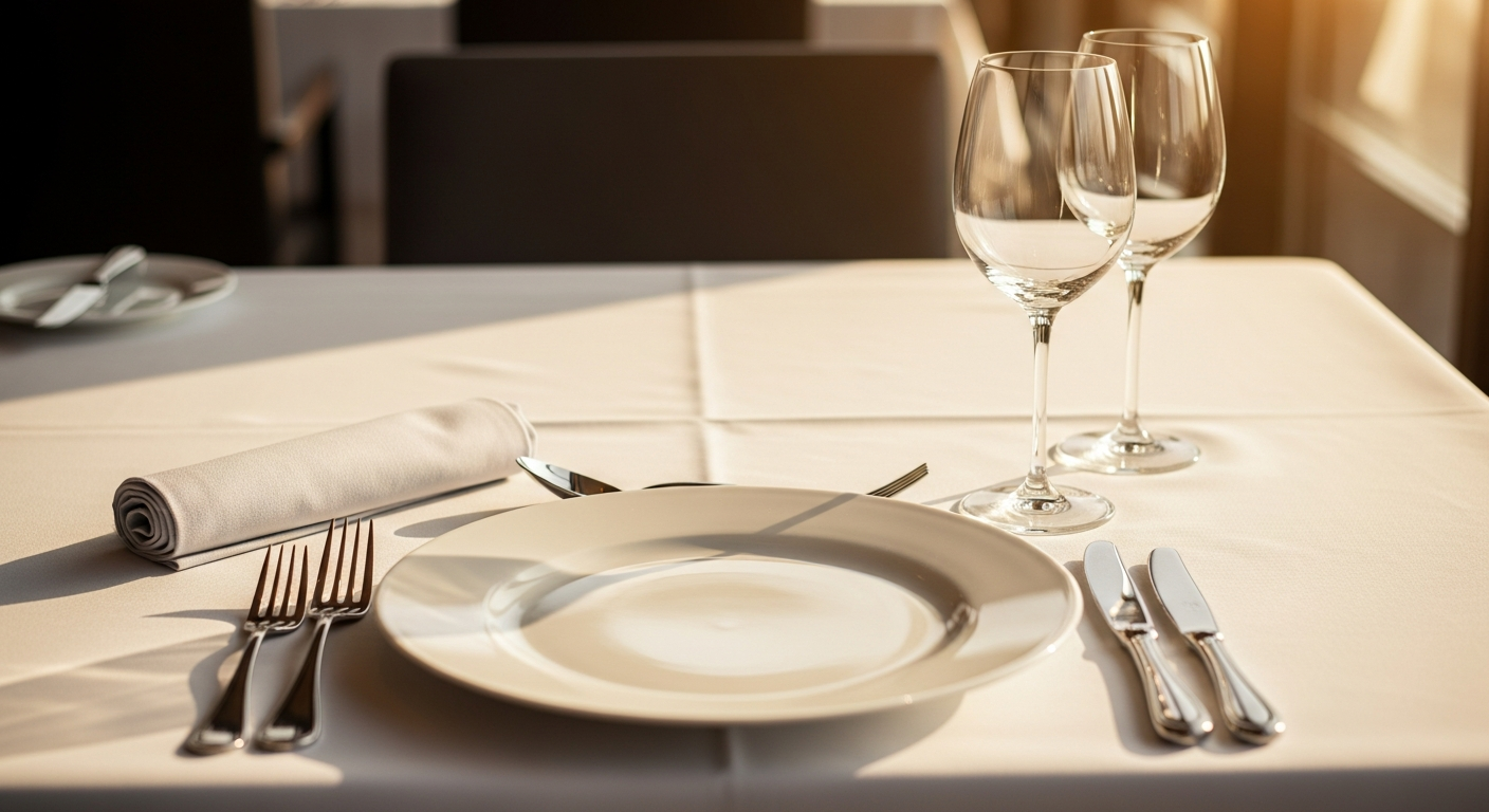 Eingedeckter Tisch mit Besteck und Glas