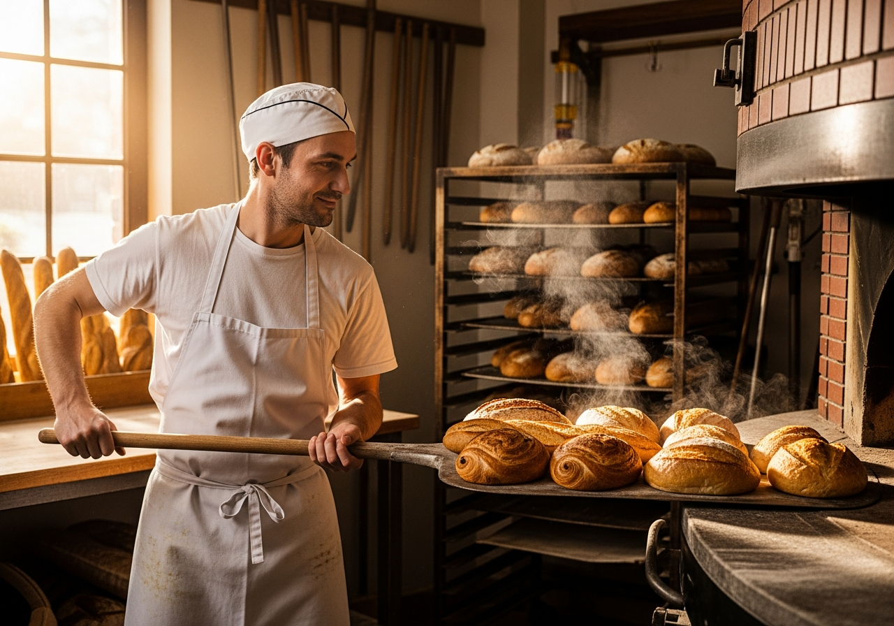Bäcker holt frisches Brot aus dem Steinofen